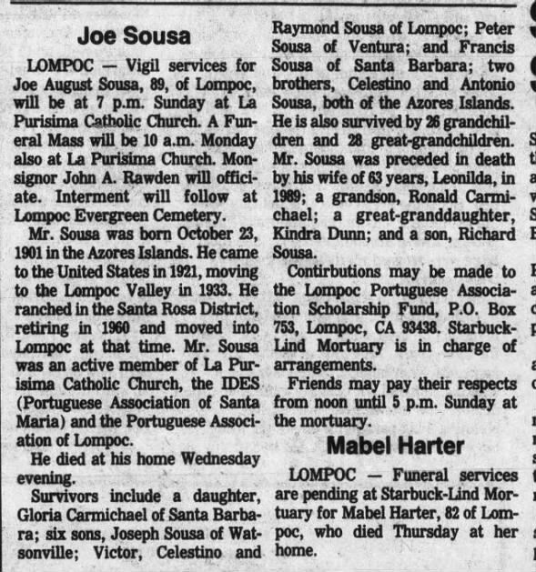 Sousa, Joe A. - OBIT - The Lompoc Record (Lompoc, California)12 Apr 1991, FriPage 3